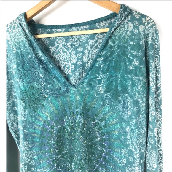 Prana Top Blouse Long Sleeve Teal Hoodie Large - Picture 2 of 5